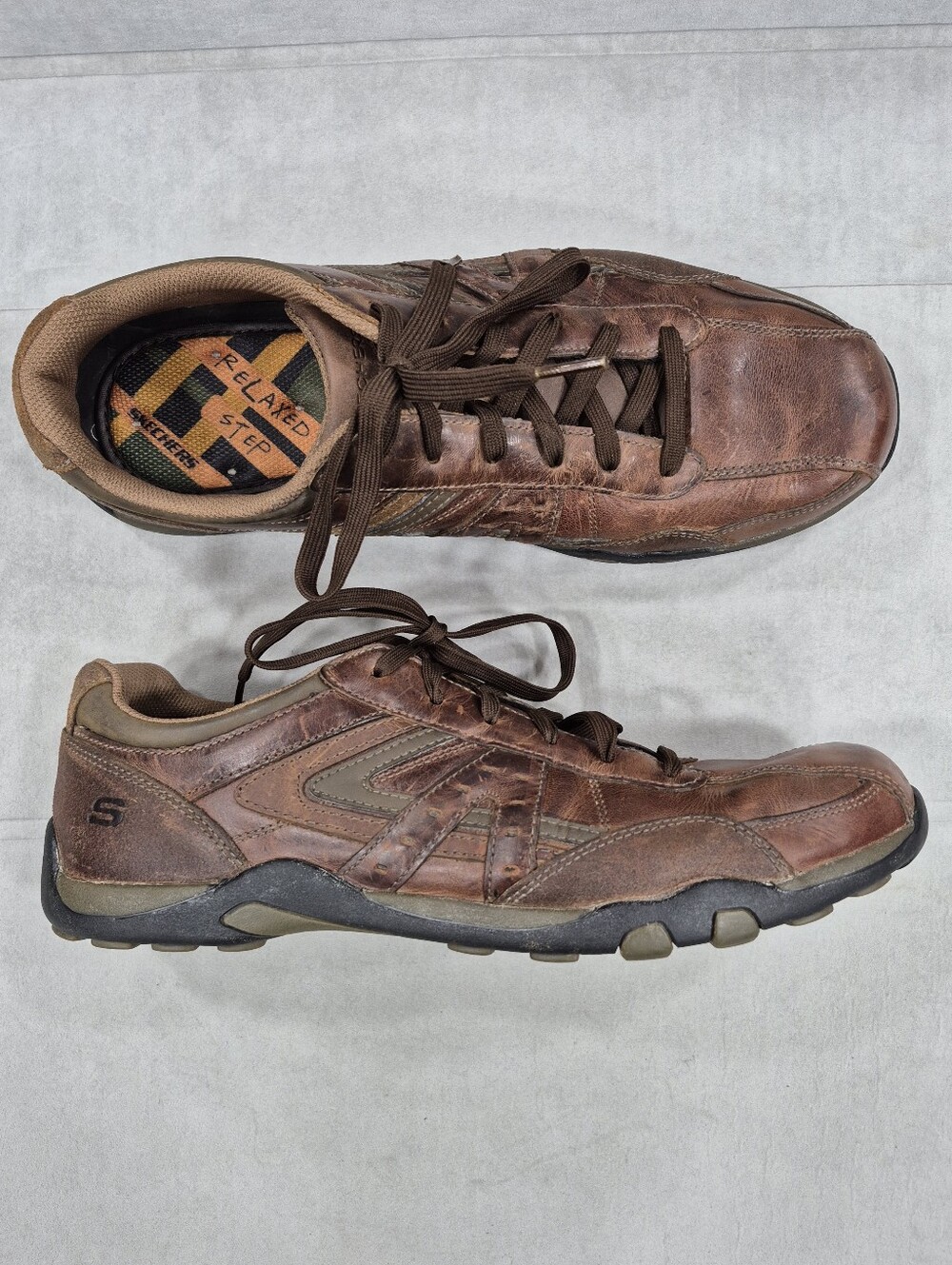 Skechers Relaxed Step oxford shoes men's 12 brown leather casual distressed